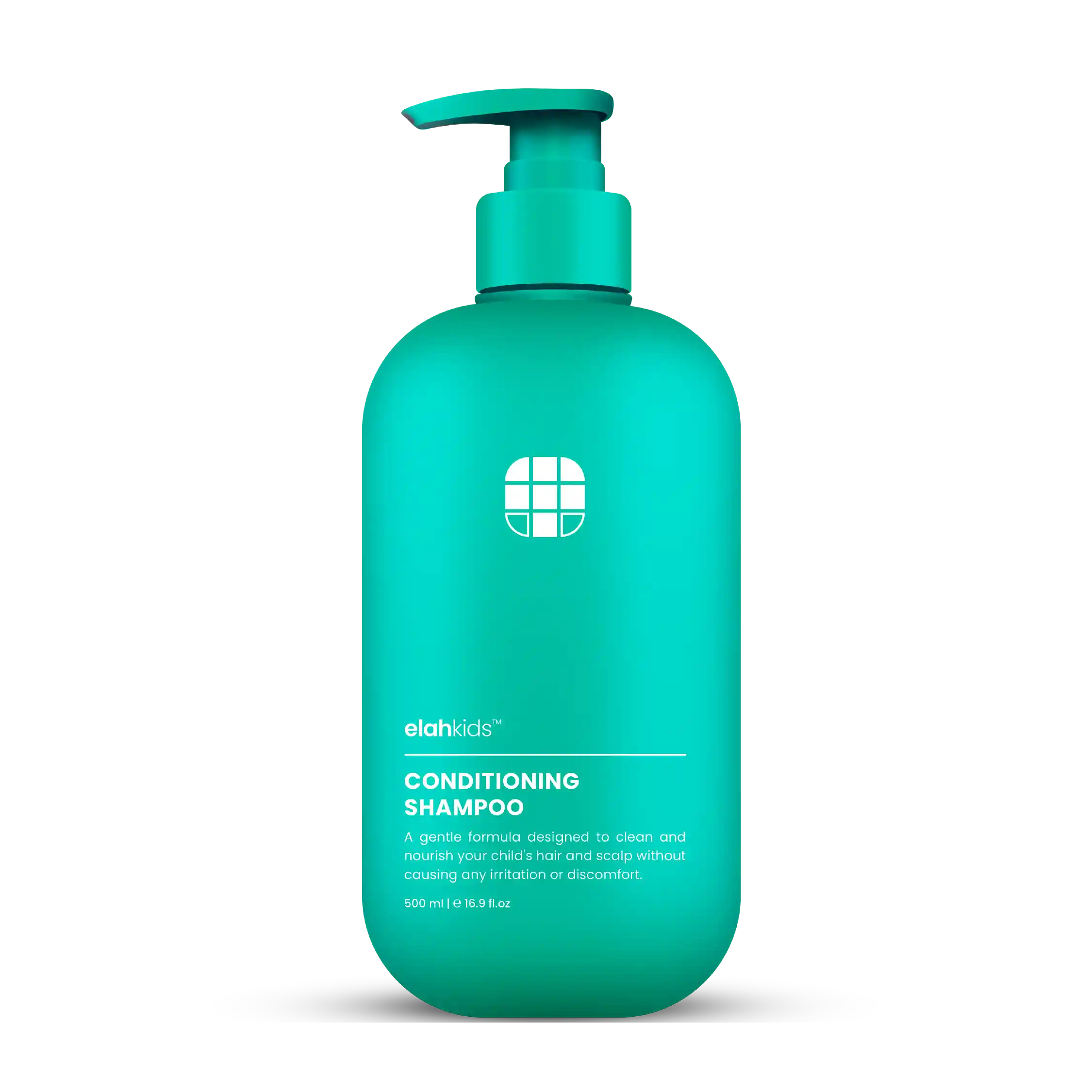Teal bottle of elsh kids Conditioning Shampoo on a white background